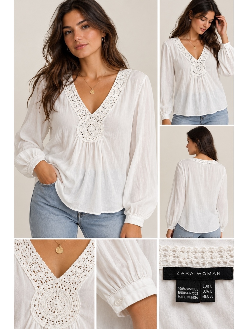 Zara Woman White Viscose Long Sleeve Blouse with Crochet Detail Size L